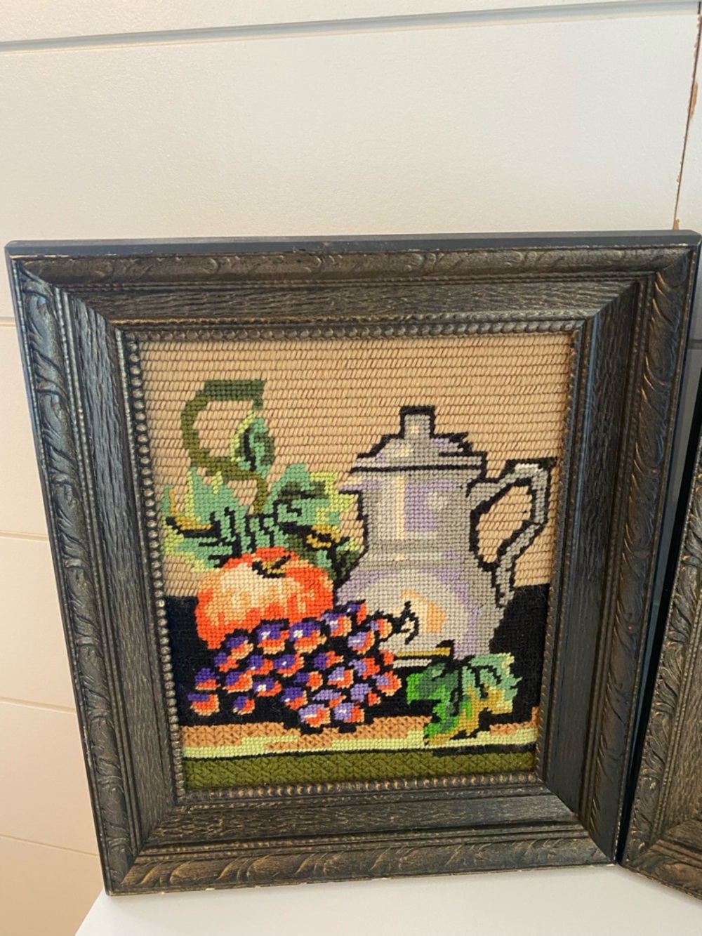 Vintage Handmade Pair of Framed Needlepoint Still Life Pictures Signed 1980 READ